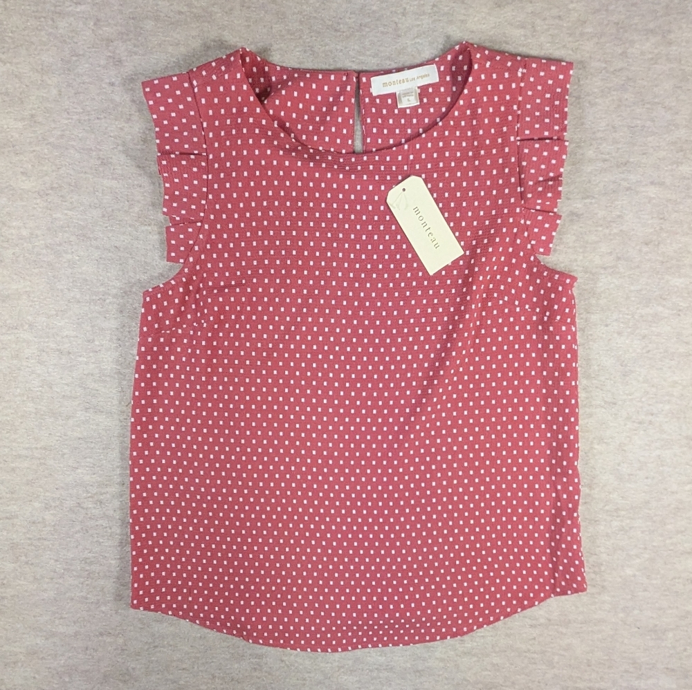 NWT* Mauve Pink Polka Dot Pleated Flowy Sleeveless Top Blouse Business Casual S